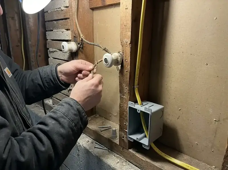 TJF Electric knob-and-tube wiring replacement — ceramic insulators removed for modern Romex
